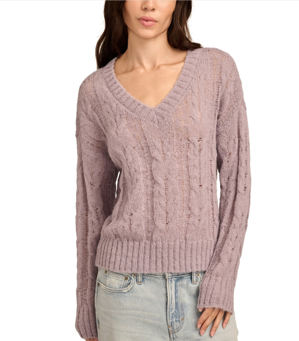 Lucky Brand Women Cable Knit Mohair V-Neck Sweater Minimal Gray Size L